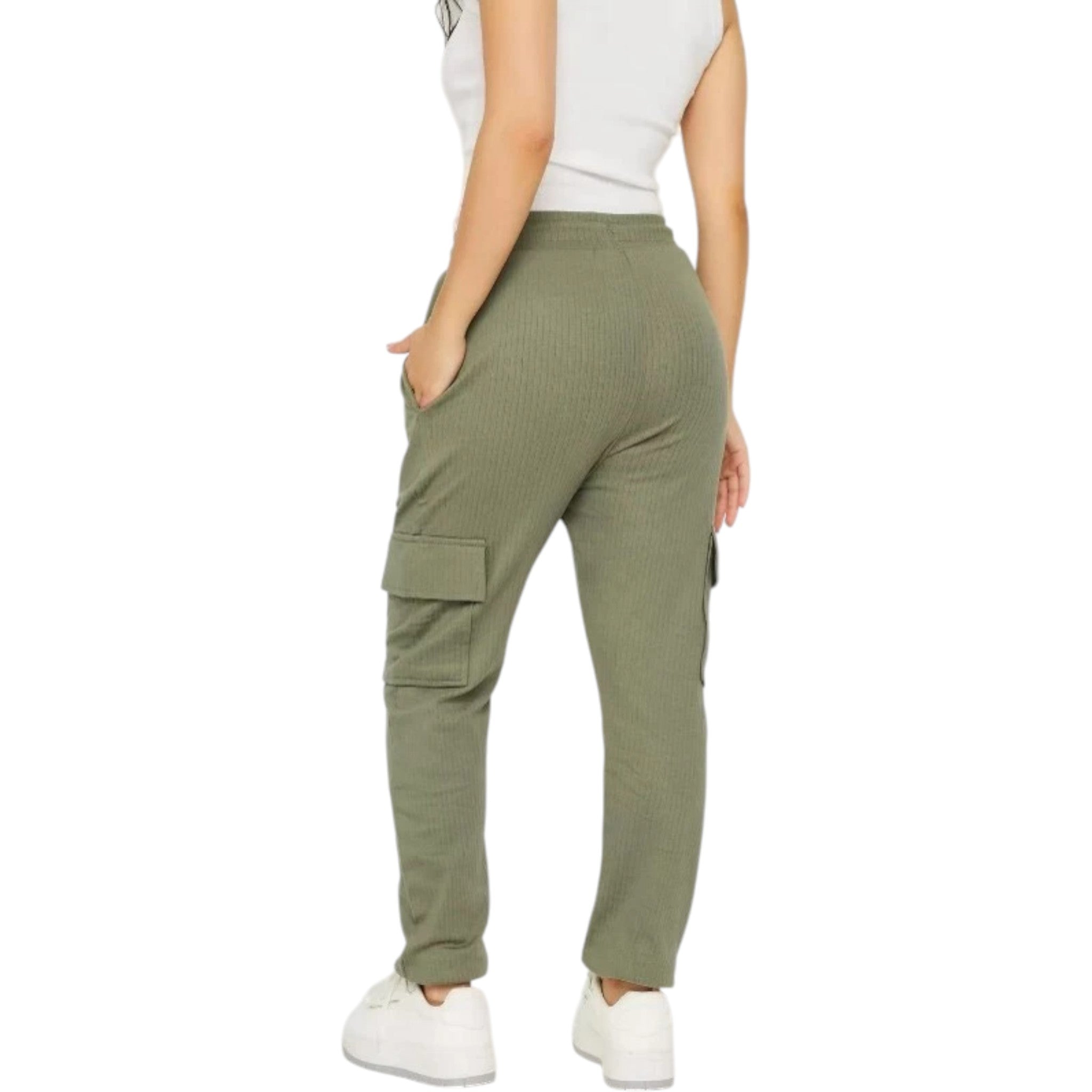 Ladies khaki green cord cargo joggers with pockets – casual relaxed fit